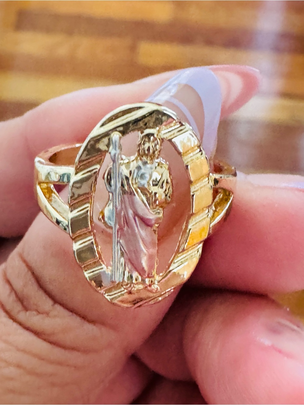 14K Gold Plated Saint Jude Medallion Ring with Pink Accent. Size 8.5. New